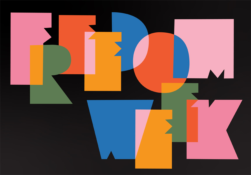 Freedom Week written in colorful letters on a black background.
